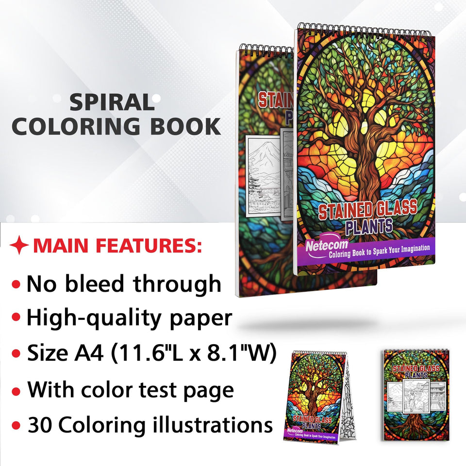 Stained Glass Plants Spiral Bound Coloring Book, Capture the Essence of Translucent Beauty with 30 Striking Coloring Pages for Coloring Aficionados to Bring Out the Luminosity, Detail, and Serene Atmosphere of Stained Glass Plant Art