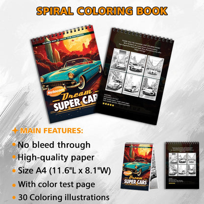Dream Super Cars Spiral Bound Coloring Book, High-Speed Super Cars for a Thrilling Coloring Ride, Perfect for Car Enthusiasts and Dreamers