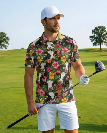 Tropical Cow Hawaiian Polo Shirt – Holstein Cow Floral Shirt | Azhobbyshop
