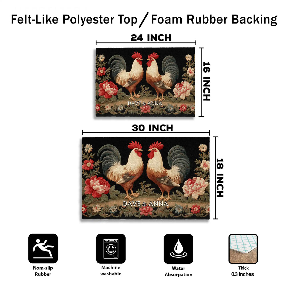 Personalized Rooster Couple Doormat – Custom Names Floral Farm Mat