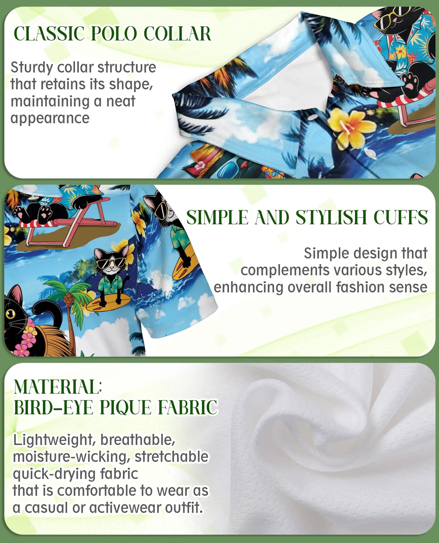 Black Cat Hawaiian 3D Polo Shirt for Men – Tropical Beach Cat Style | Azhobbyshop
