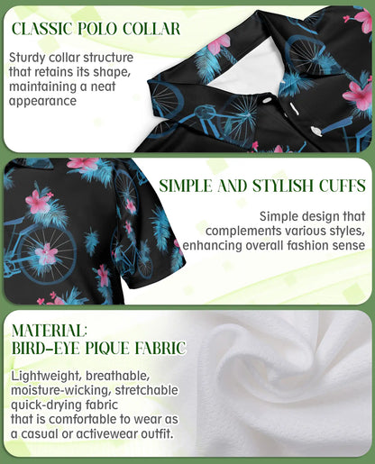 Bicycle Hawaiian 3D Polo Shirt for Men – Tropical Floral Cycling Style | Azhobbyshop