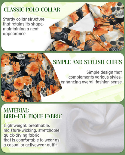 Orange Skull 3D Polo Shirt for Men – Tropical Floral & Skull Print | Azhobbyshop