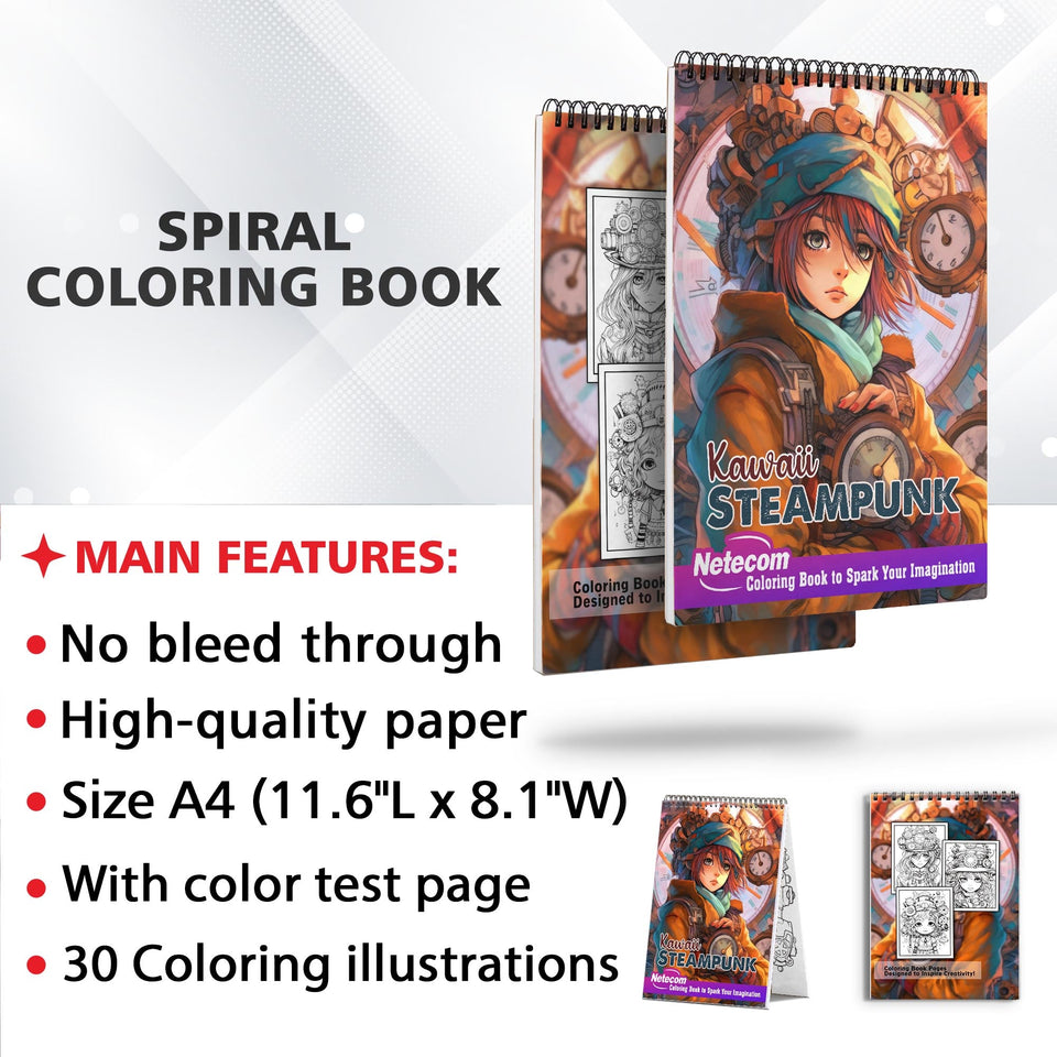 Kawaii Steampunk Girls Spiral Bound Coloring Book, Embark on a Coloring Journey with 30 Pages of Adorable Steampunk Girls in a Whimsical World