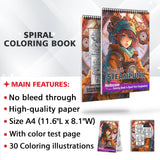 Kawaii Steampunk Girls Spiral Bound Coloring Book, Embark on a Coloring Journey with 30 Pages of Adorable Steampunk Girls in a Whimsical World