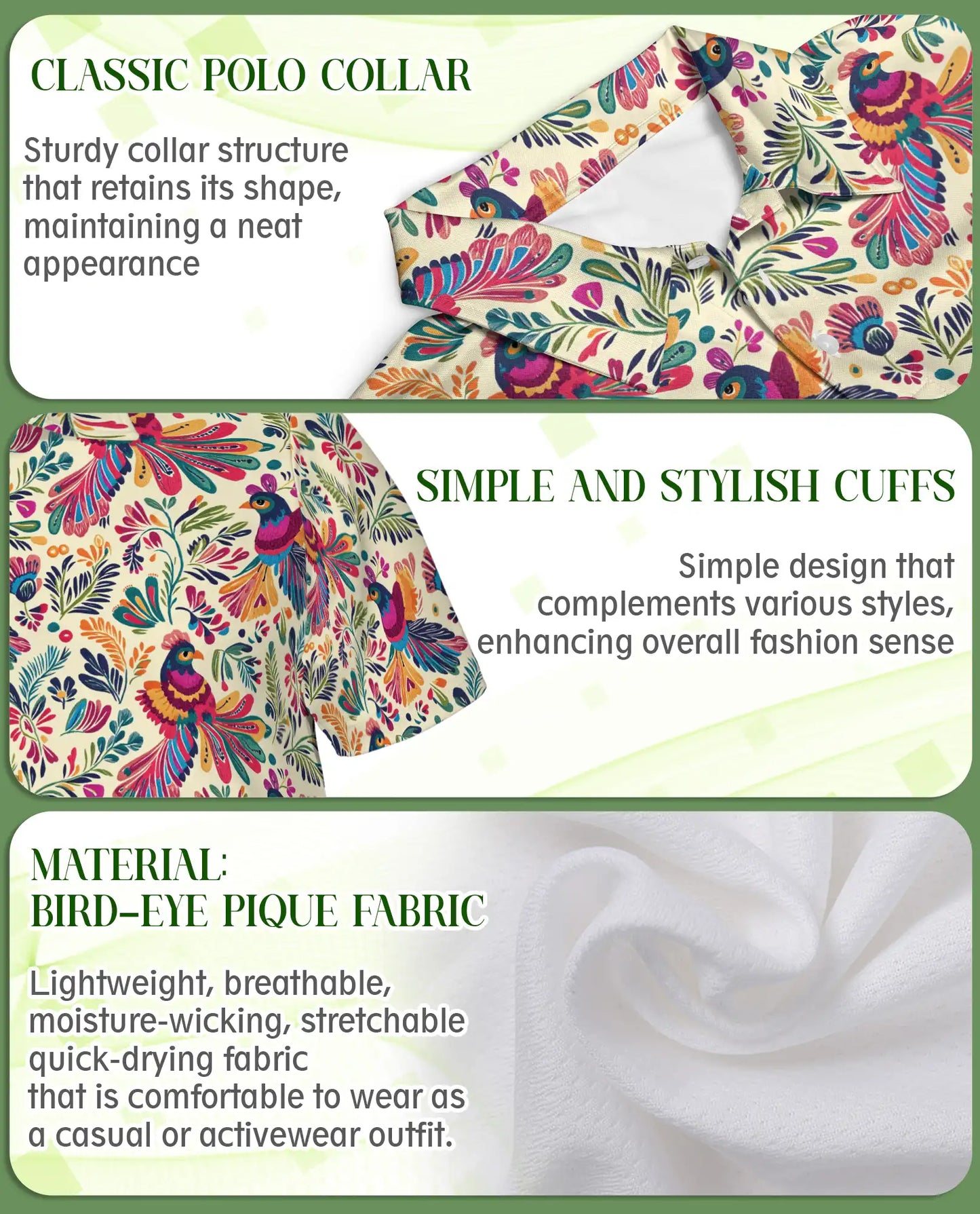Colorful Bird Floral 3D Polo Shirt for Men – Vibrant Nature Pattern | Azhobbyshop