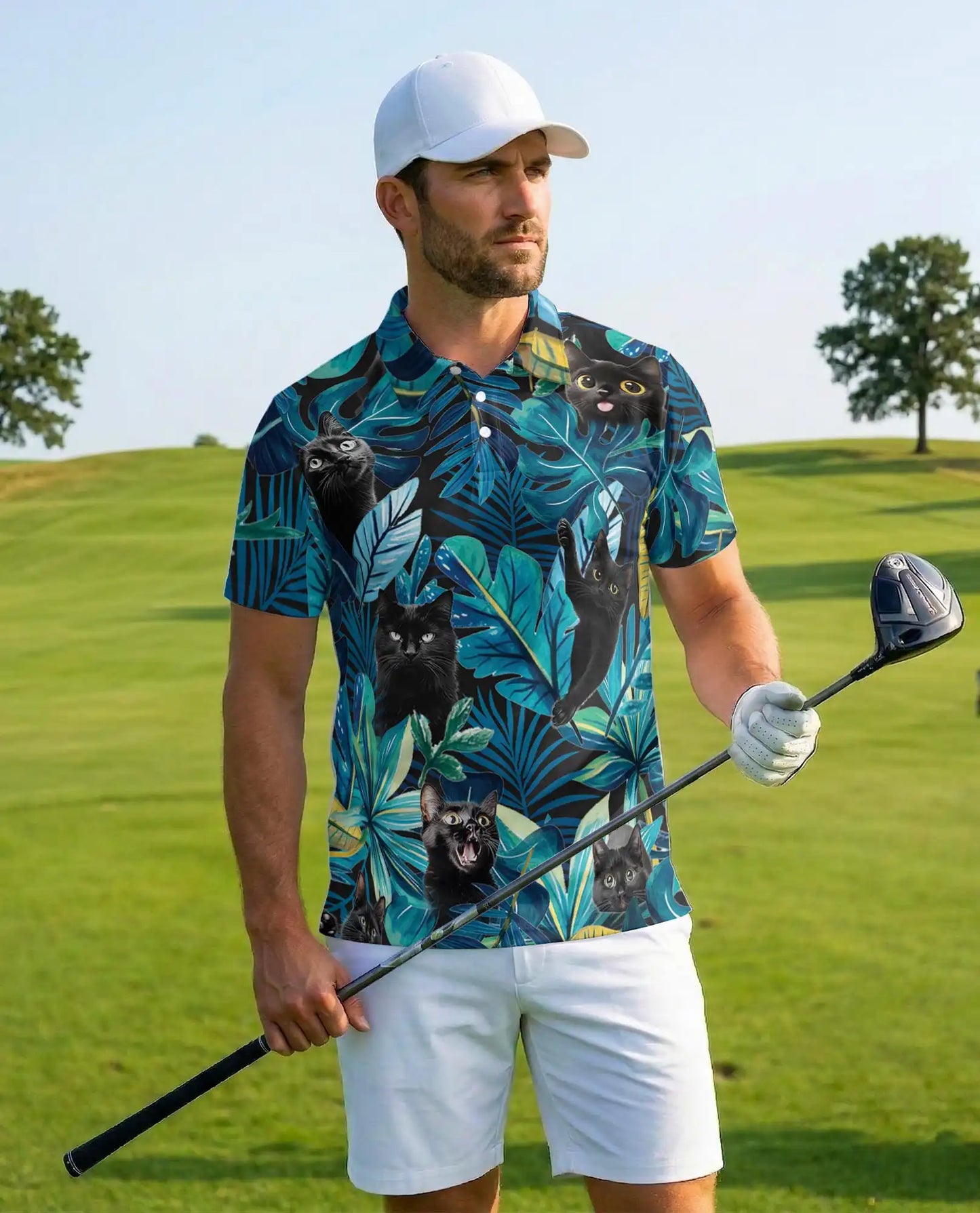 Black Cat Hawaiian Polo Shirt – Cute Tropical Cat Leaf Design | Azhobbyshop