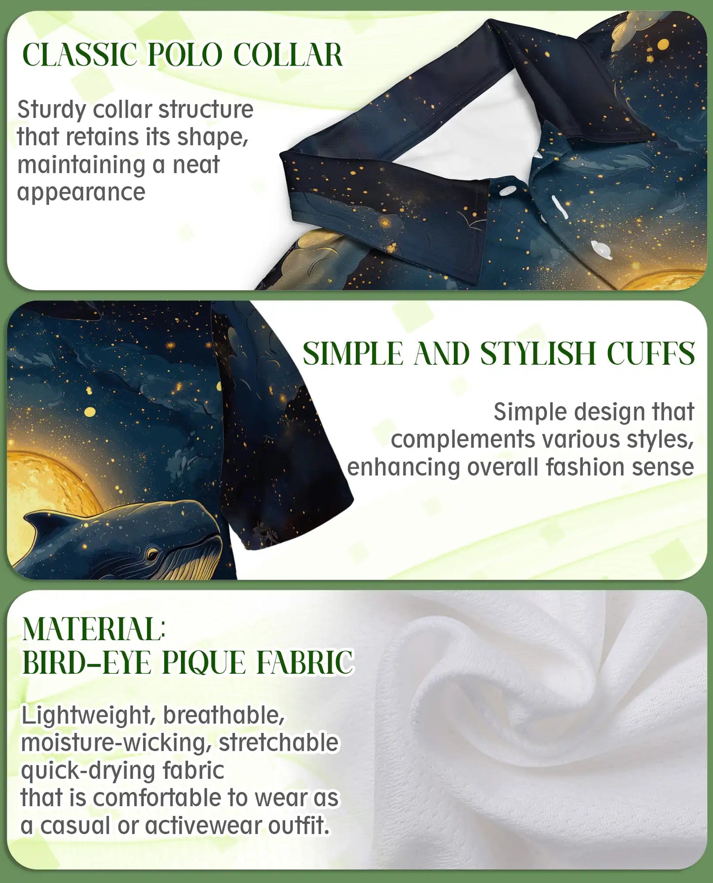Whale Midnight 3D Polo Shirt for Men – Moonlit Ocean & Starry Sky Print | Azhobbyshop