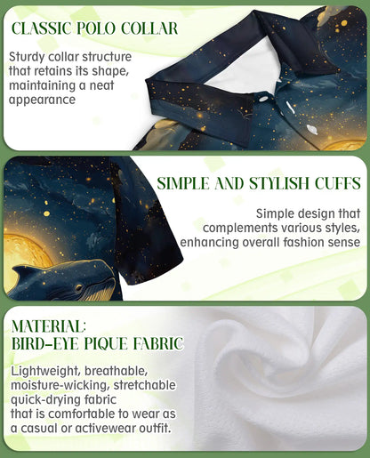Whale Midnight 3D Polo Shirt for Men – Moonlit Ocean & Starry Sky Print | Azhobbyshop