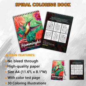 Hummingbird Spiral Bound Coloring Book, Graceful Hummingbirds Amidst Floral Beauty, Ideal for Bird Lovers and Nature Art Enthusiasts