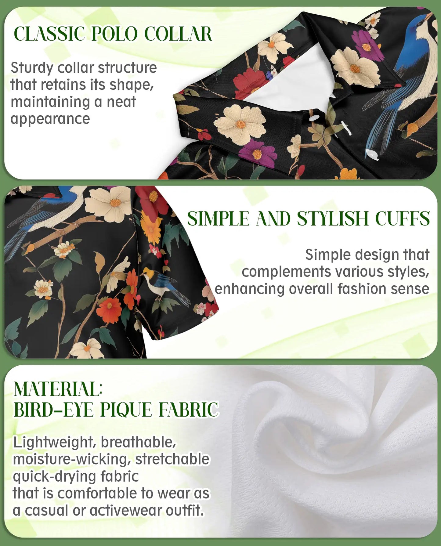 Bird Flower 3D Polo Shirt for Men – Vintage Floral Birds Hawaiian Style | Azhobbyshop