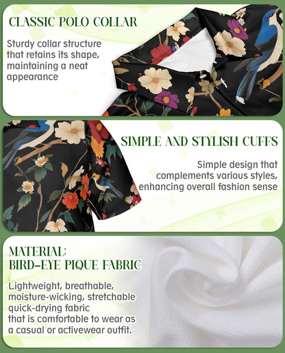 Bird Flower 3D Polo Shirt for Men – Vintage Floral Birds Hawaiian Style | Azhobbyshop
