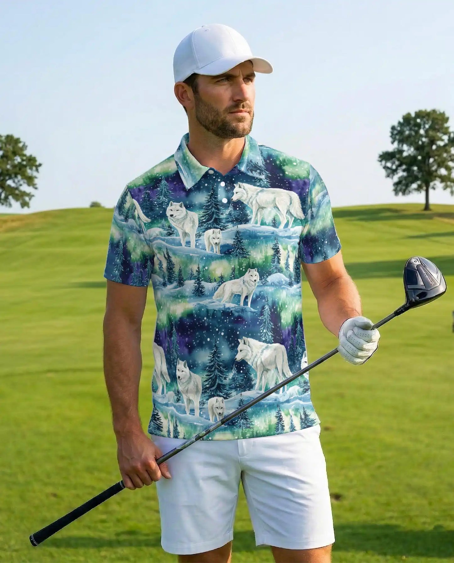 Arctic Wolf Aurora 3D Polo Shirt for Men – Northern Lights Winter Scene | Azhobbyshop