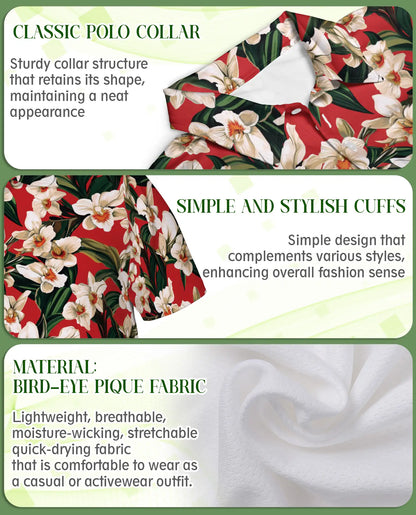 Orchid Ginger 3D Polo Shirt for Men – Tropical Floral Red Print | Azhobbyshop