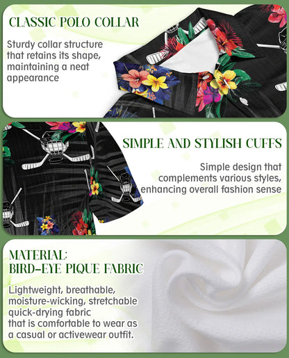 Hockey Hawaiian 3D Polo Shirt for Men – Tropical Ice Hockey Floral Style | Azhobbyshop