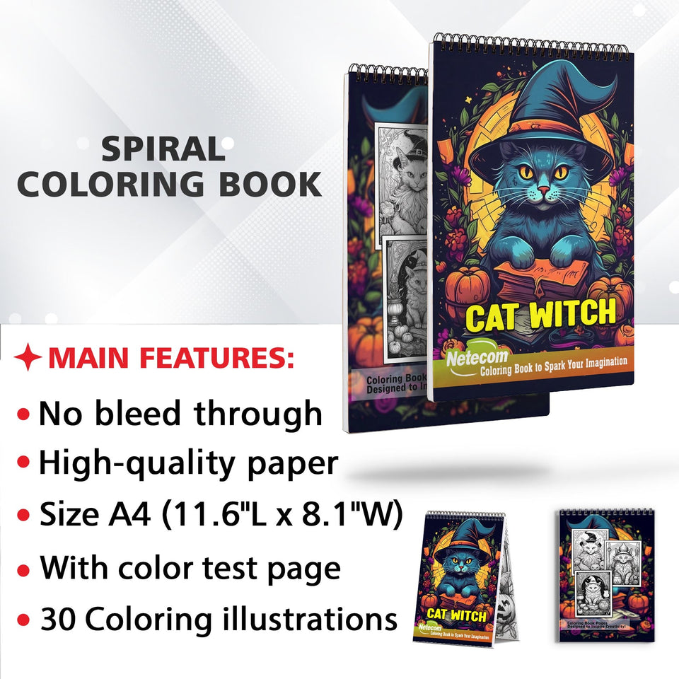 Cat Witch Spiral Bound Coloring Book, Set Your Imagination Ablaze with 30 Witchy Coloring Pages, Celebrating the Magical Connection between Cats and Spells