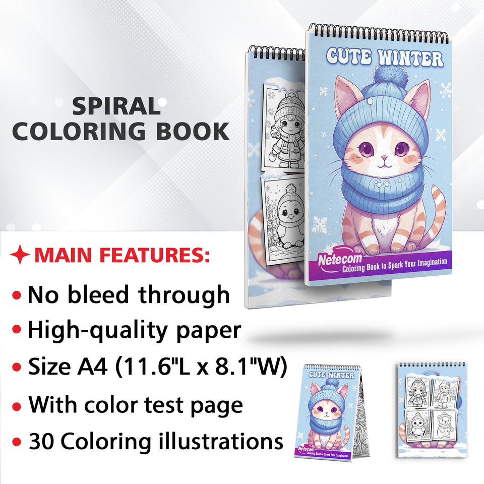 Cute Winter Spiral Bound Coloring Book, Explore 30 Intriguing Coloring Pages, Depicting Cute Winter Scenes with Adorable Animal Companions