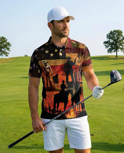 American Cowboy Patriotic Polo Shirt – Western USA Flag Sunset Print | Azhobbyshop