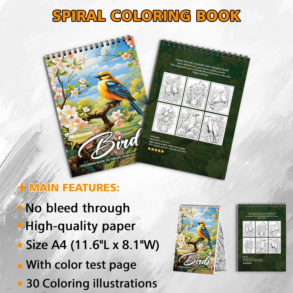 Birds Spiral Bound Coloring Book, Graceful Birds in Artistic Scenes, Ideal for Bird Watchers and Nature Lovers Seeking a Peaceful Art Activity