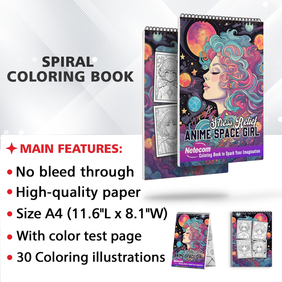 Stress Relief Anime Space Girl Spiral Bound Coloring Book, Find Inner Peace with 30 Meditative Coloring Pages, Depicting Anime Space Girls in Tranquil Cosmic Settings