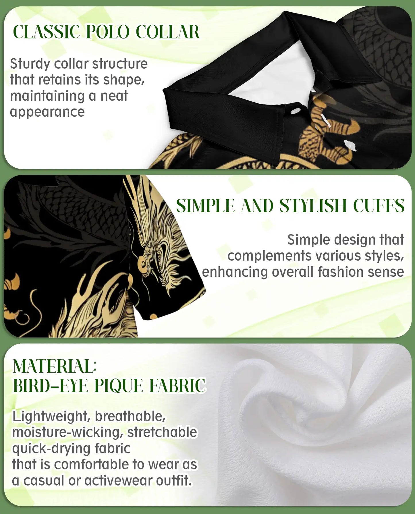 Golden Dragon 3D Polo Shirt for Men – Black Oriental Mythical Art Style | Azhobbyshop