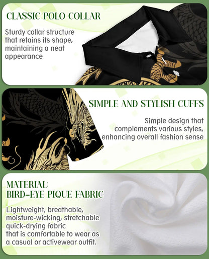 Golden Dragon 3D Polo Shirt for Men – Black Oriental Mythical Art Style | Azhobbyshop