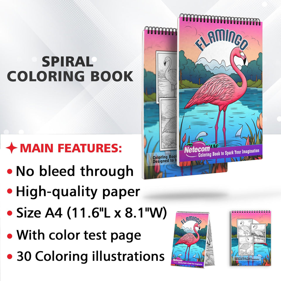 Flamingo Spiral Bound Coloring Book, Unleash Your Creativity with 30 Captivating Coloring Pages, Showcasing the Grace and Beauty of Flamingos