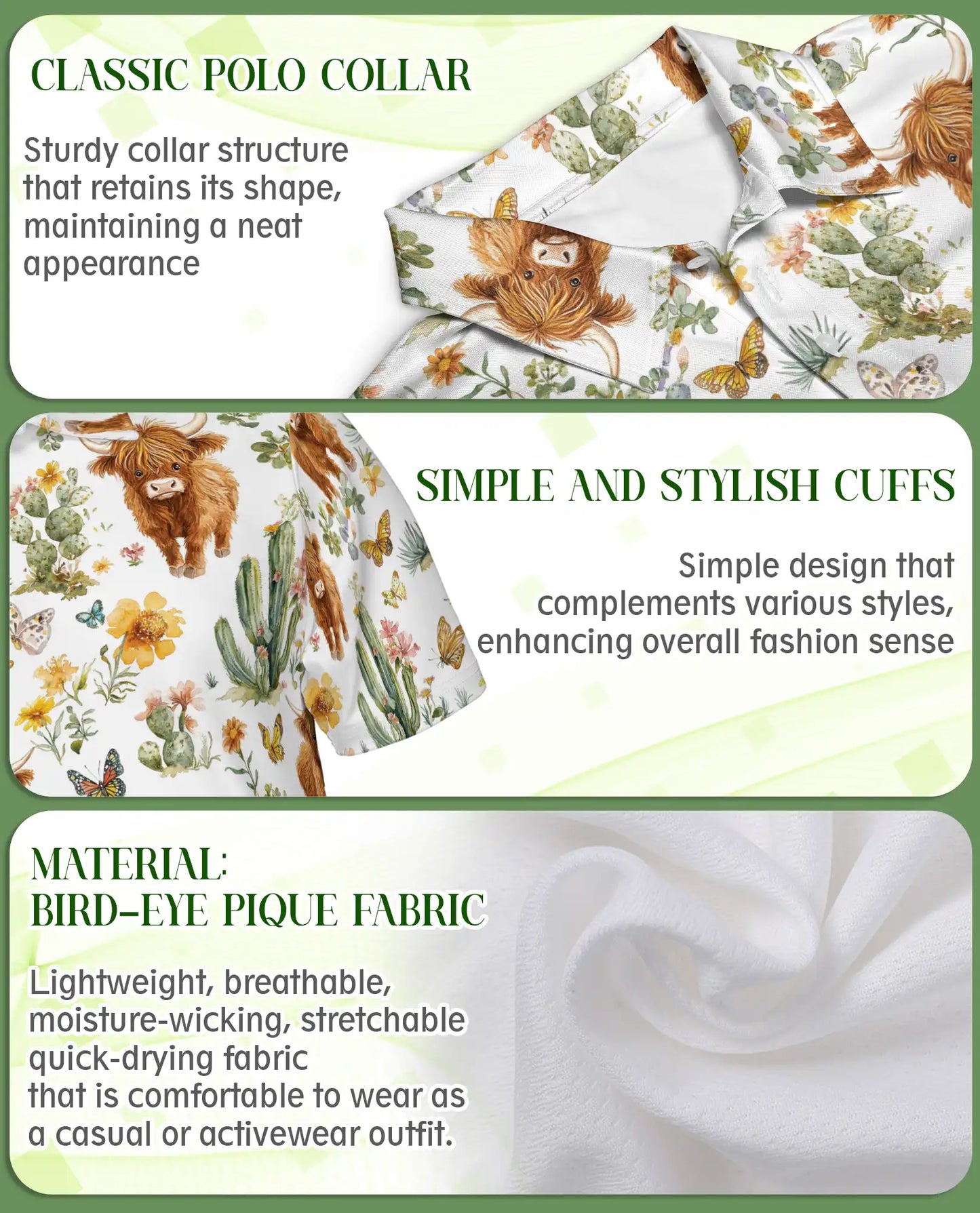Highland Cow & Cactus 3D Polo Shirt for Men – Rustic Western Nature Print | Azhobbyshop