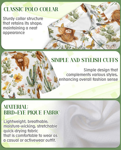 Highland Cow & Cactus 3D Polo Shirt for Men – Rustic Western Nature Print | Azhobbyshop