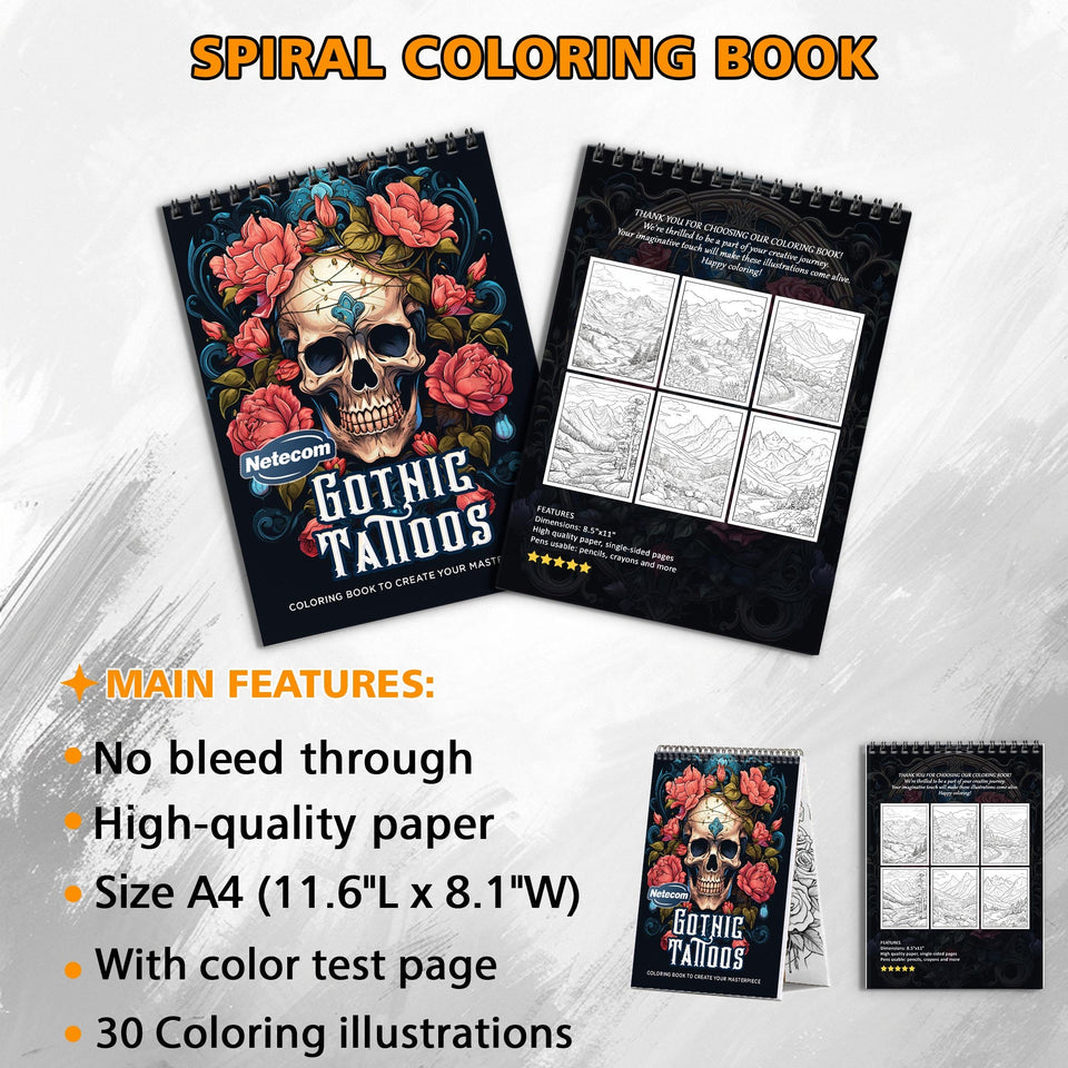 Gothic Tattoos Spiral Bound Coloring Book, Intricate Gothic Tattoo Designs for an Edgy Artistic Journey, Great for Fans of Dark and Alternative Styles