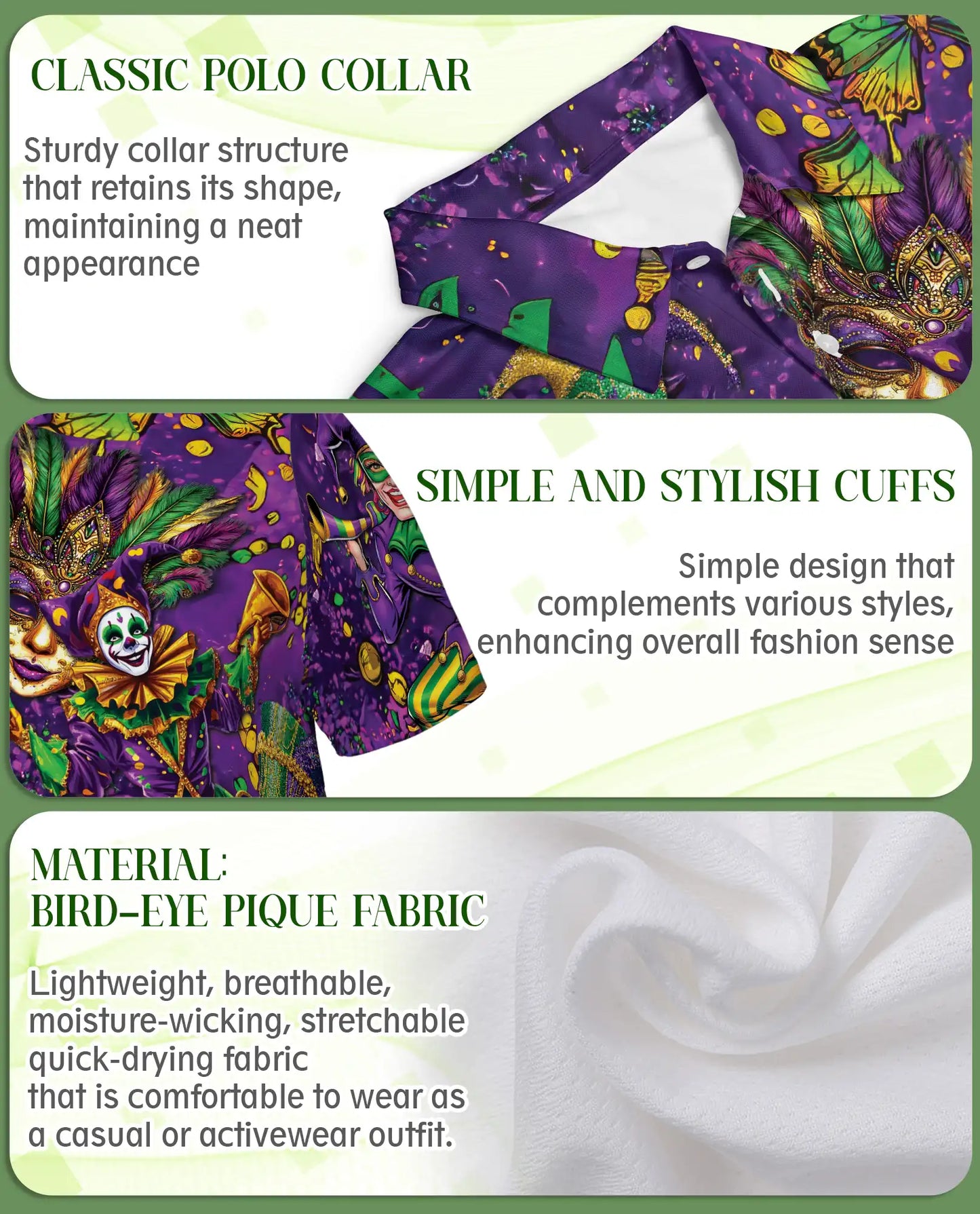 Mardi Gras Jester Mask Purple Green Polo Shirt | Azhobbyshop