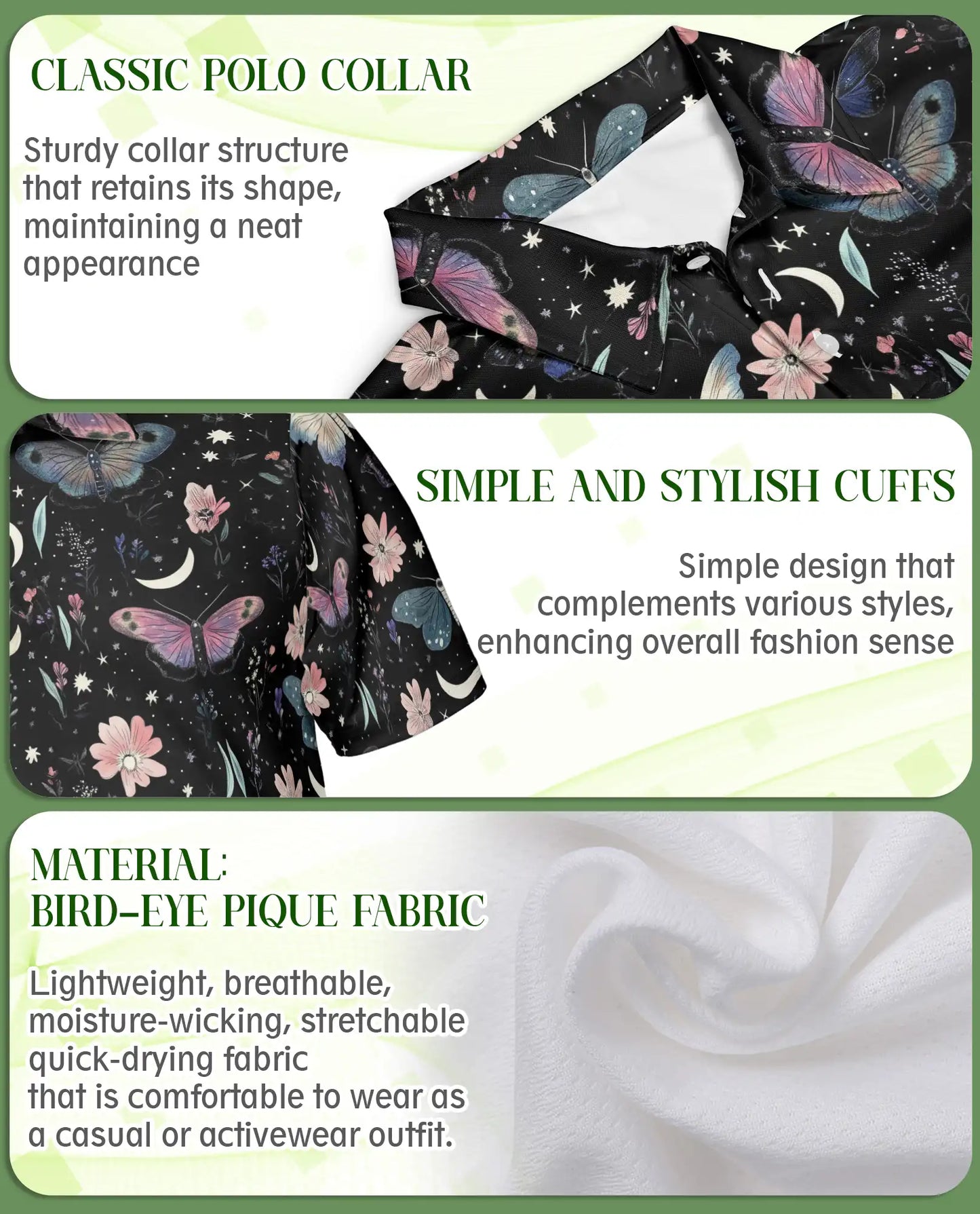 Butterfly Night Sky 3D Polo Shirt for Men – Floral Moon Aesthetic Design | Azhobbyshop
