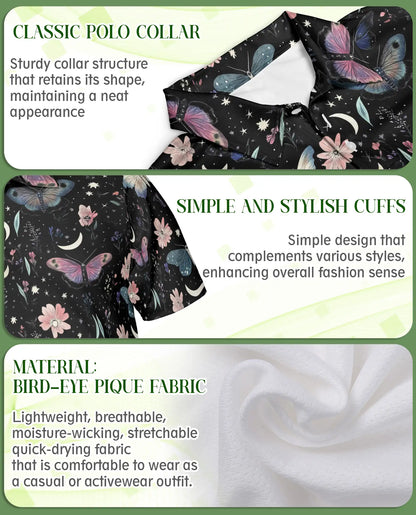 Butterfly Night Sky 3D Polo Shirt for Men – Floral Moon Aesthetic Design | Azhobbyshop