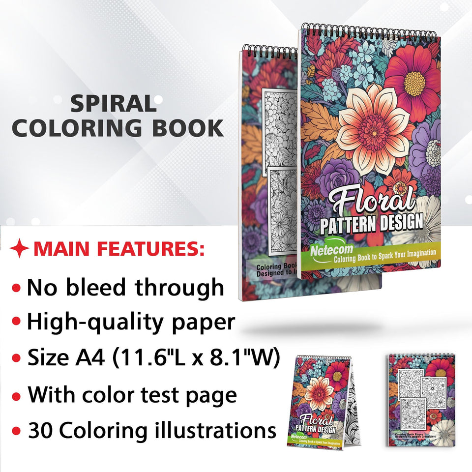 Floral Pattern Spiral Bound Coloring Book,  Embark on a Coloring Journey with 30 Intricate Flower Doodles for Relaxation and Inspiration