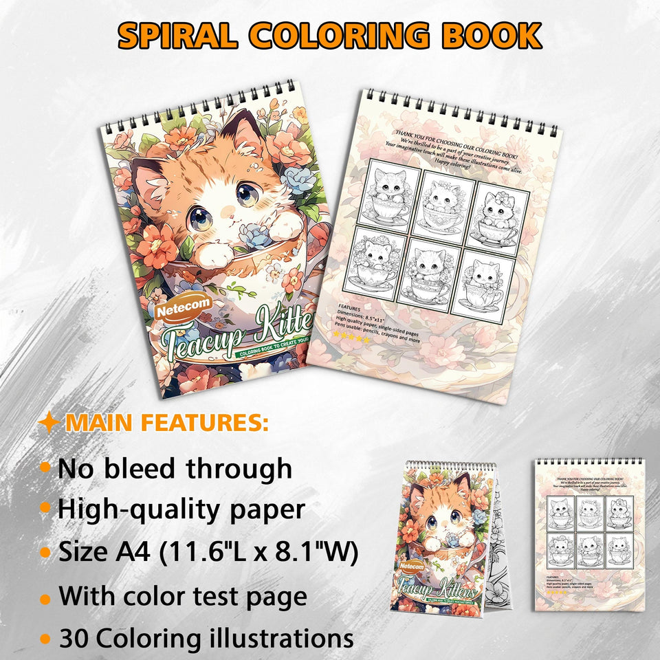 Teacup Kittens Spiral Bound Coloring Book, Adorable Teacup Kittens for a Heartwarming Art Adventure, Great for Cat Lovers and Fans of Cute Animals