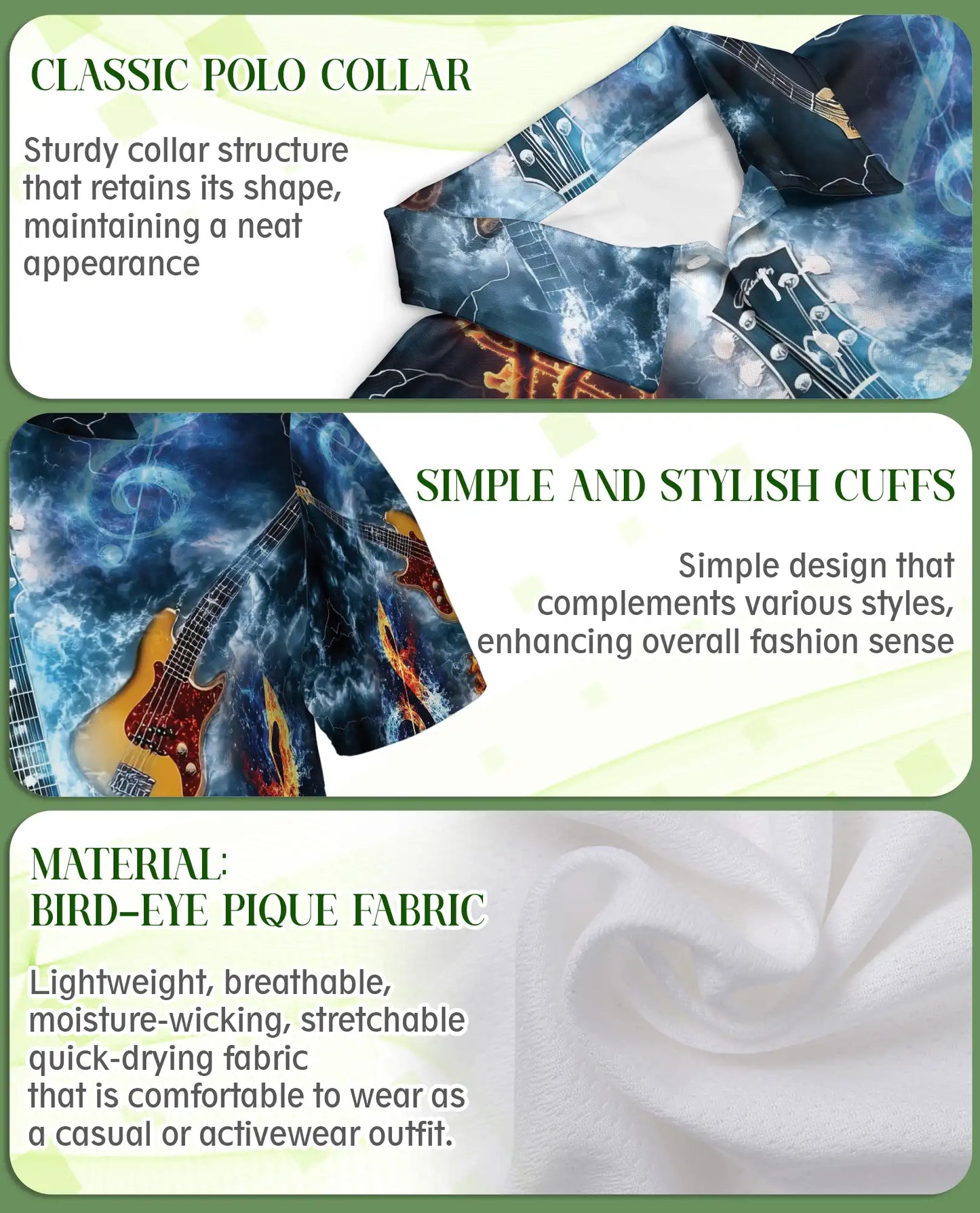 Flaming Guitar 3D Polo Shirt for Men – Rock Music Water Storm Style | Azhobbyshop