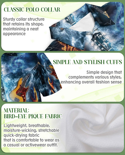 Flaming Guitar 3D Polo Shirt for Men – Rock Music Water Storm Style | Azhobbyshop