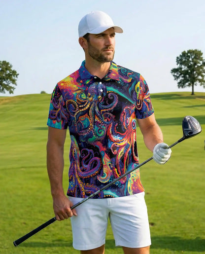 Octopus Psychedelic 3D Polo Shirt for Men – Colorful Ocean Art Style | Azhobbyshop