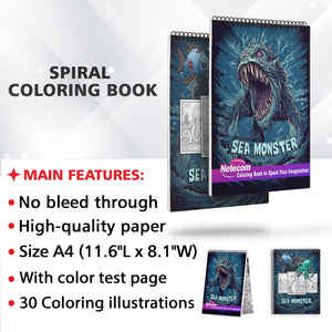 Sea Monster Spiral Bound Coloring Book, Explore 30 Mythical Coloring Pages, Depicting Majestic Sea Monsters from Ancient Folklore and Maritime Tales