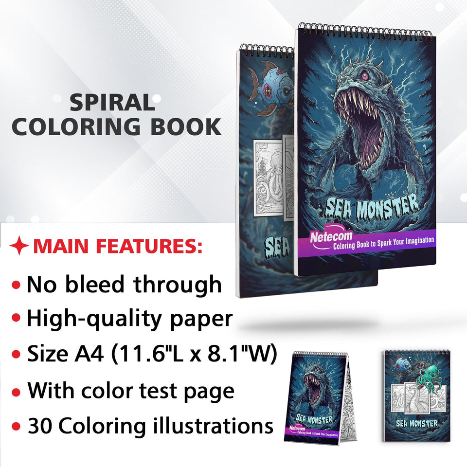 Sea Monster Spiral Bound Coloring Book, Explore 30 Mythical Coloring Pages, Depicting Majestic Sea Monsters from Ancient Folklore and Maritime Tales