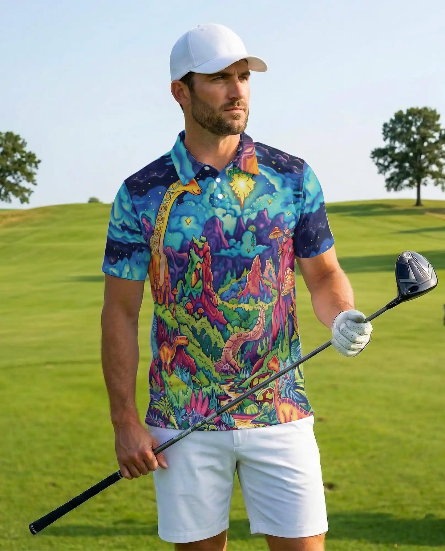 Psychedelic Dinosaur 3D Polo Shirt for Men – Fantasy Jurassic Colorful Art | Azhobbyshop