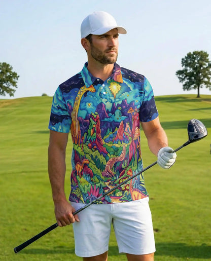 Psychedelic Dinosaur 3D Polo Shirt for Men – Fantasy Jurassic Colorful Art | Azhobbyshop
