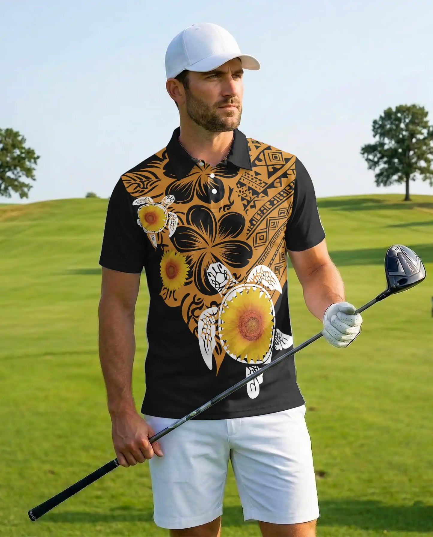 Sunflower Turtle Polynesian Polo Shirt – Tribal Hawaiian Floral Design | Azhobbyshop
