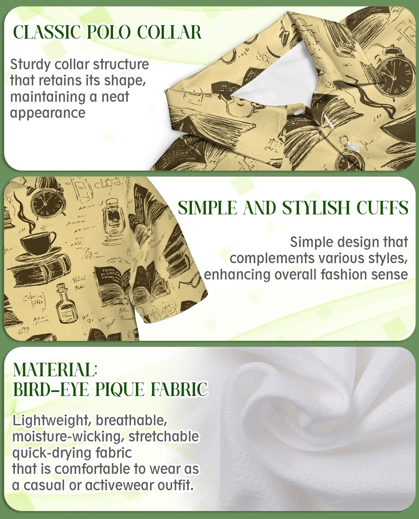 Book Pattern 3D Polo Shirt for Men – Vintage Coffee Reading Style | Azhobbyshop