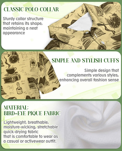 Book Pattern 3D Polo Shirt for Men – Vintage Coffee Reading Style | Azhobbyshop
