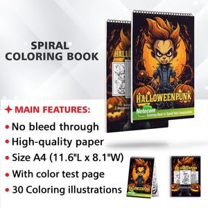 Halloweenpunk Spiral Bound Coloring Book, Immerse Yourself in 30 Coloring Pages, Fusing the Spookiness of Halloween with Punk Attitude