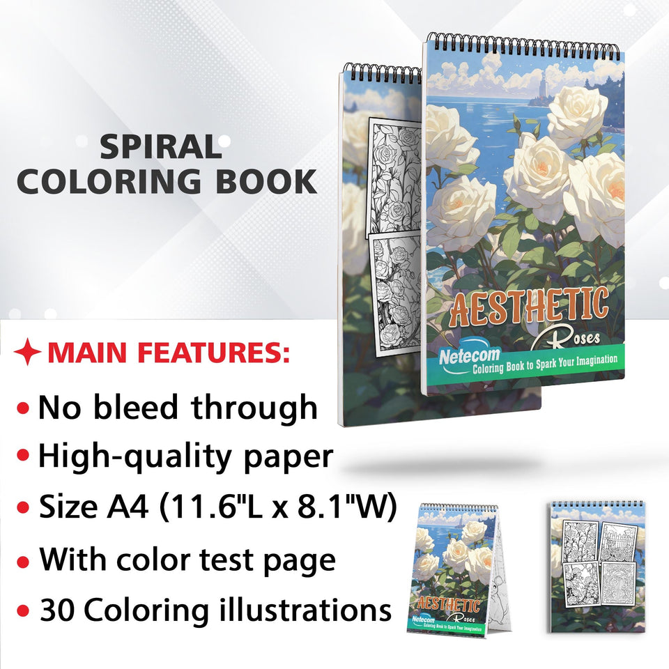Aesthetic Roses Spiral Bound Coloring Book, Discover 30 Mesmerizing Coloring Pages in the Aesthetic Roses Coloring Book