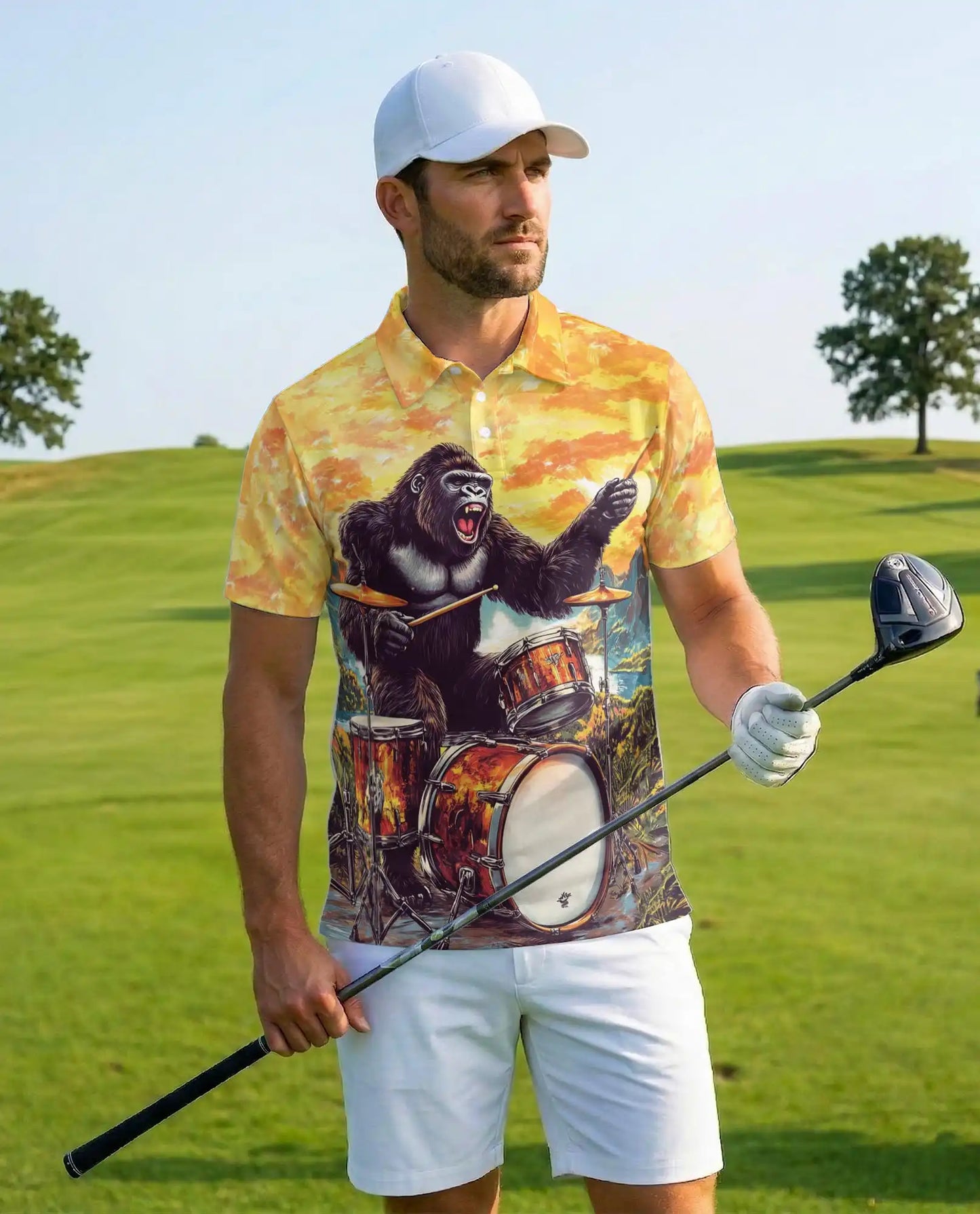 Gorilla Drummer 3D Polo Shirt for Men – Funny Animal Musician Style | Azhobbyshop