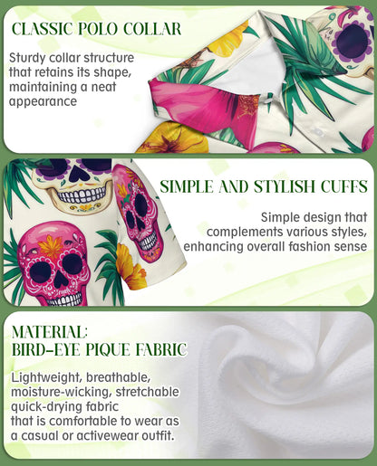 Sugar Skull Tropical 3D Polo Shirt for Men – Floral Day of the Dead Print | Azhobbyshop