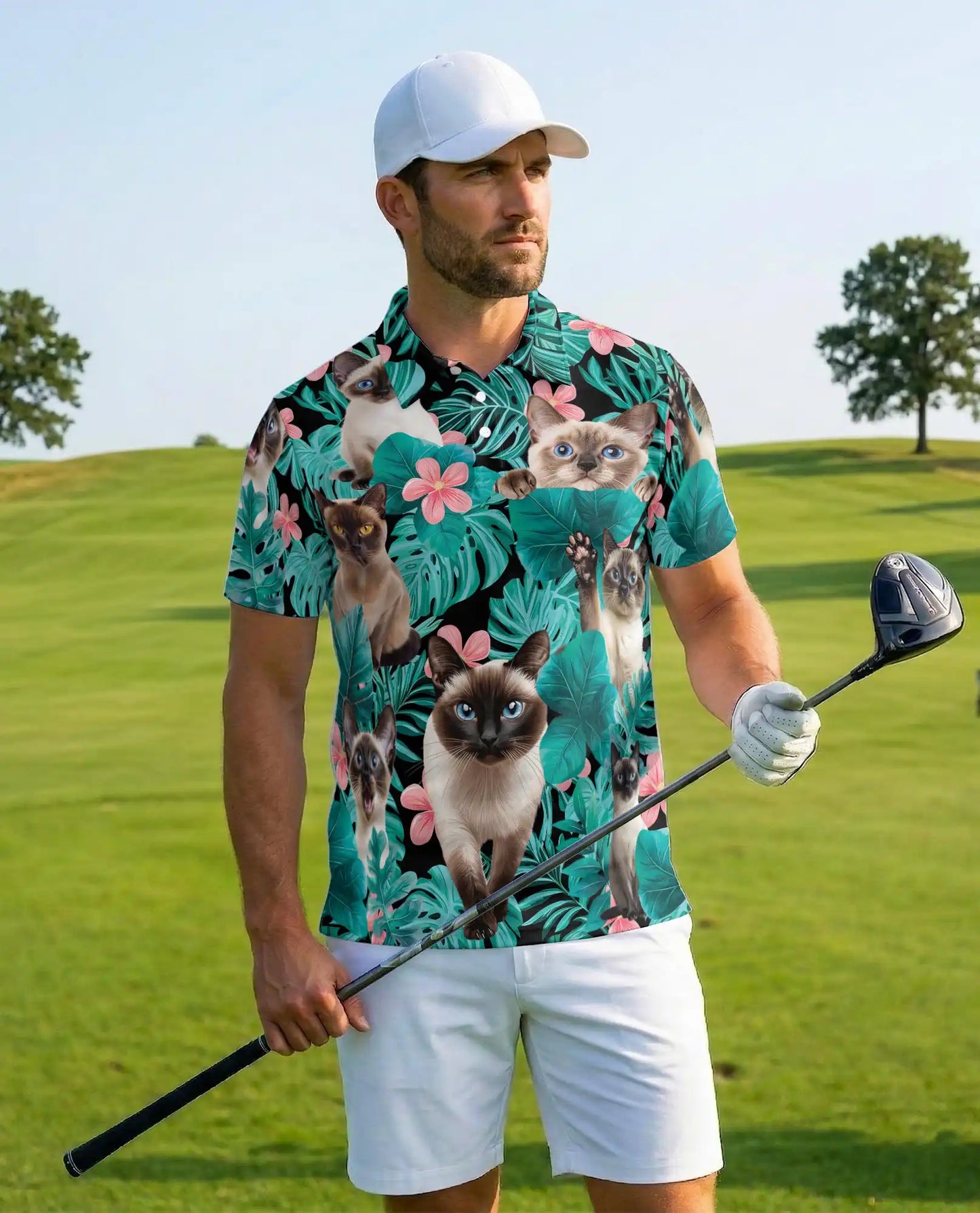 Siamese Cat Tropical Polo Shirt – Cute Hawaiian Cat Floral Design | Azhobbyshop